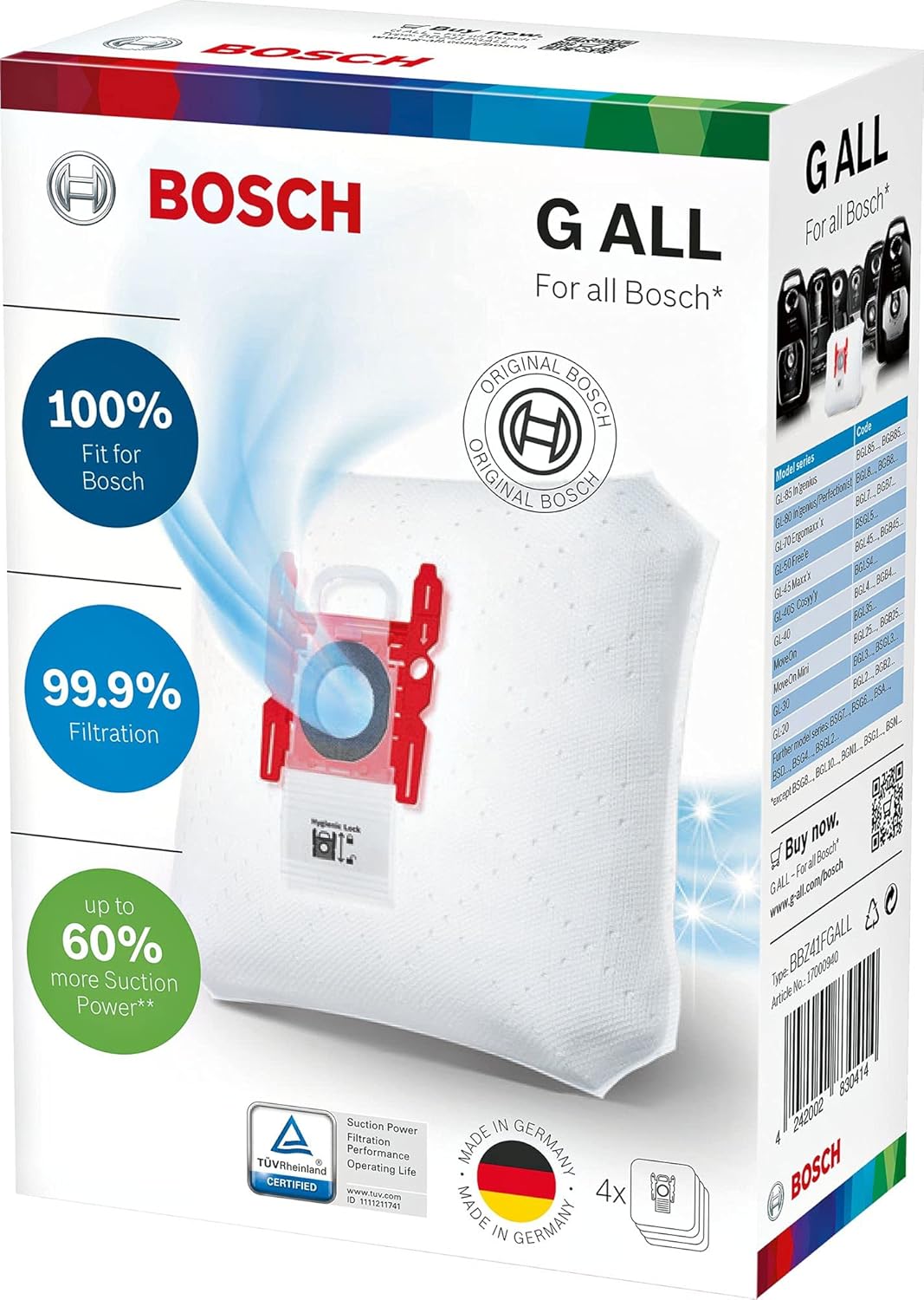 Bosch Hausgeräte Bosch PowerProtect Tip G ALL BBZ41FGALL, 4 x elektrikli süpürge torbası,%99,9 ince toz filtreleme,%50 daha uzun kullanım ömrü, BSG8, BSN1 hariç tüm güncel seriler için uygundur