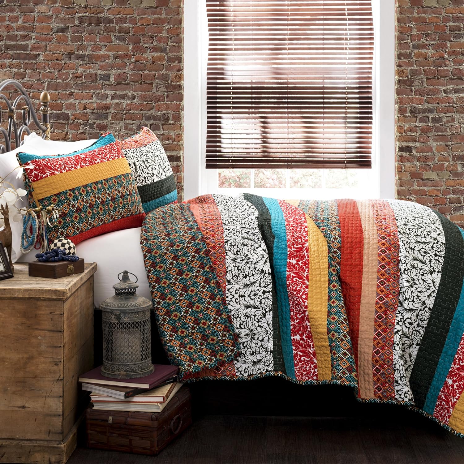 Lush Decor Boho Çizgili Yorgan Ters Çevrilebilir 3 Parça Bohem Tasarım Yatak Seti - King - Turkuaz v