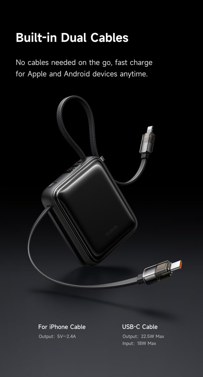 Mcdodo MC-2550 10000mAh 22.5W Dahili Kablolu Mini Powerbank