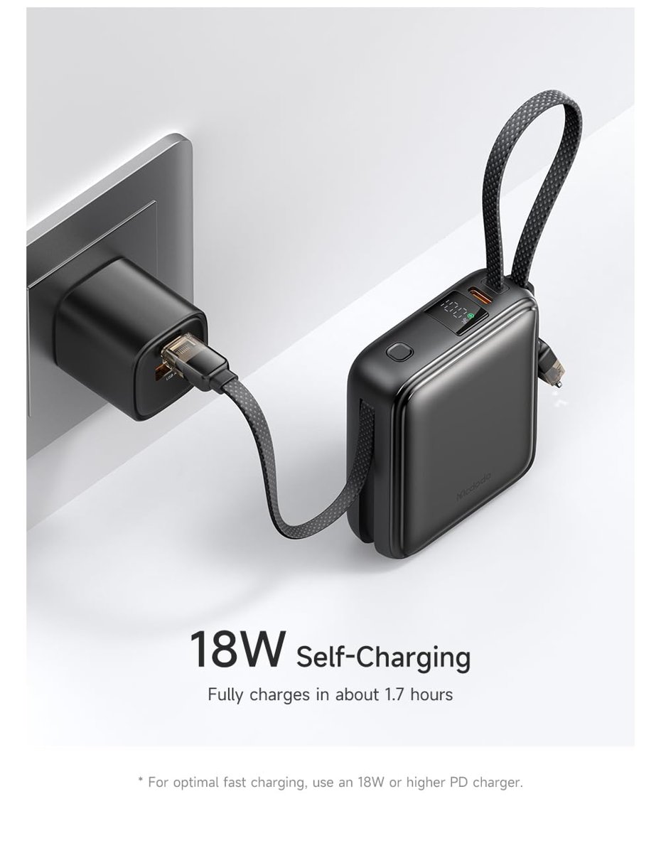 Mcdodo MC-2550 10000mAh 22.5W Dahili Kablolu Mini Powerbank
