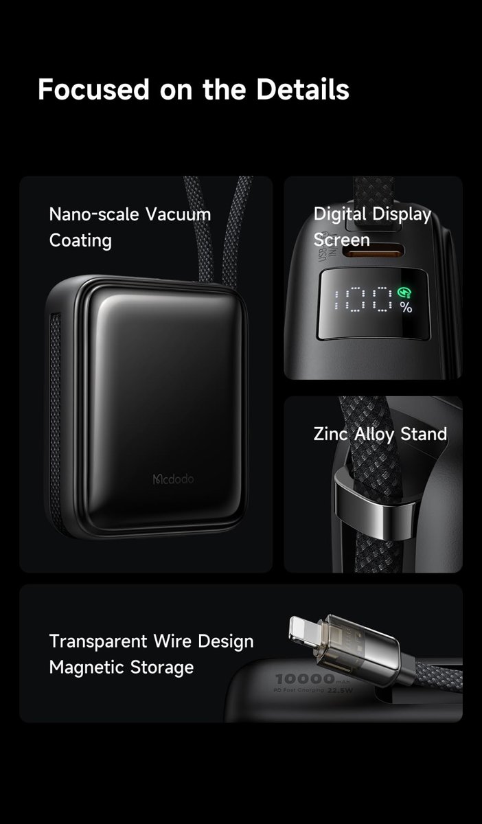 Mcdodo MC-2550 10000mAh 22.5W Dahili Kablolu Mini Powerbank