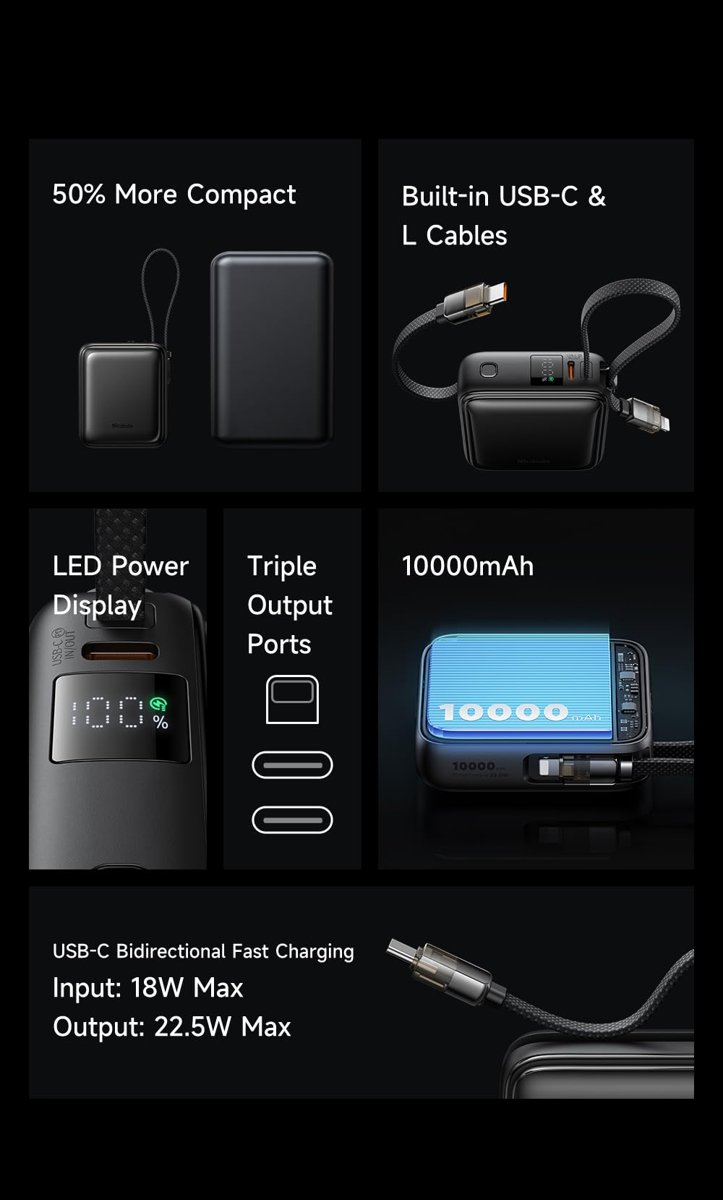 Mcdodo MC-2550 10000mAh 22.5W Dahili Kablolu Mini Powerbank