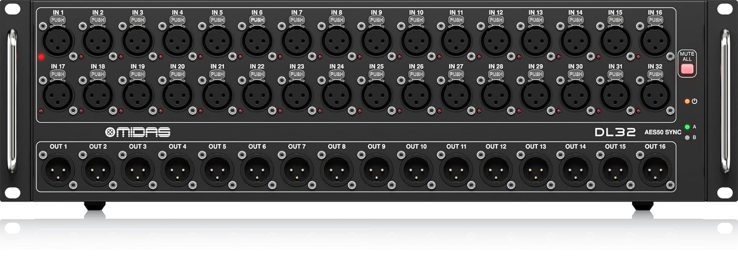 Midas DL32 Stage-Box, 32 giriş, 16 çıkış, 32 Midi mikrofon ön amplifikatör, ULTRANET ve ADAT arayüzleri