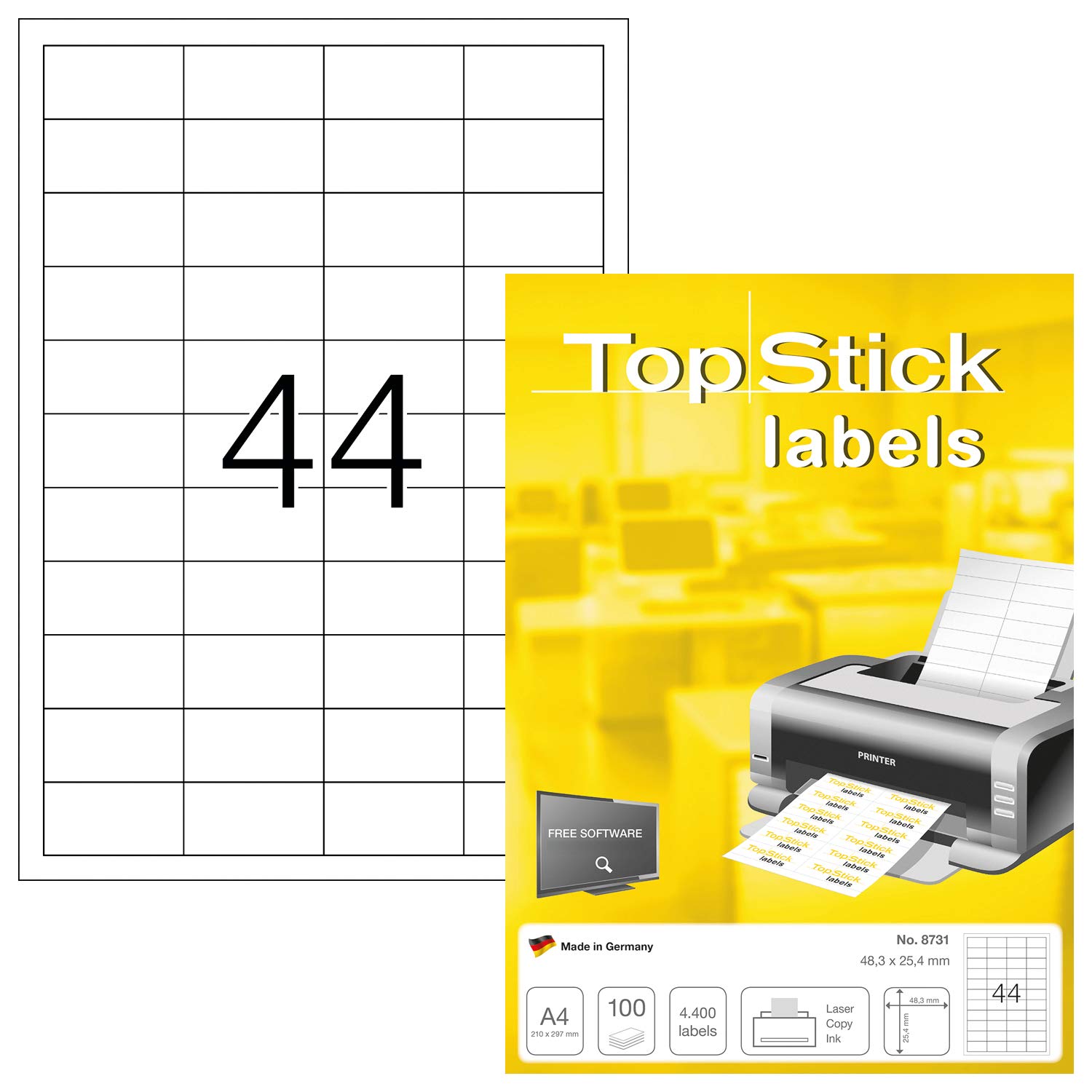 TopStick 8731 Evrensel Etiketler, 100 Yaprak, 48,3 x 25,4 mm, 44 pro A4 Yaprak, 4400 Adet, Kendinden Yapışkanlı, Yazdırılabilir, Mat, Çıkartma, Beyaz