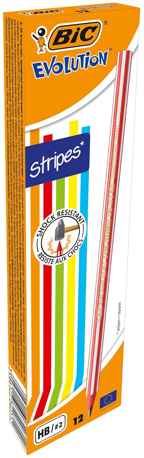 BIC Evolution Stripes Kurşun Kalem 12'li Kutu,Kıymık Oluşturmaz, Çiğnemeye Karşı Dayanıklı, Kolay Açılır