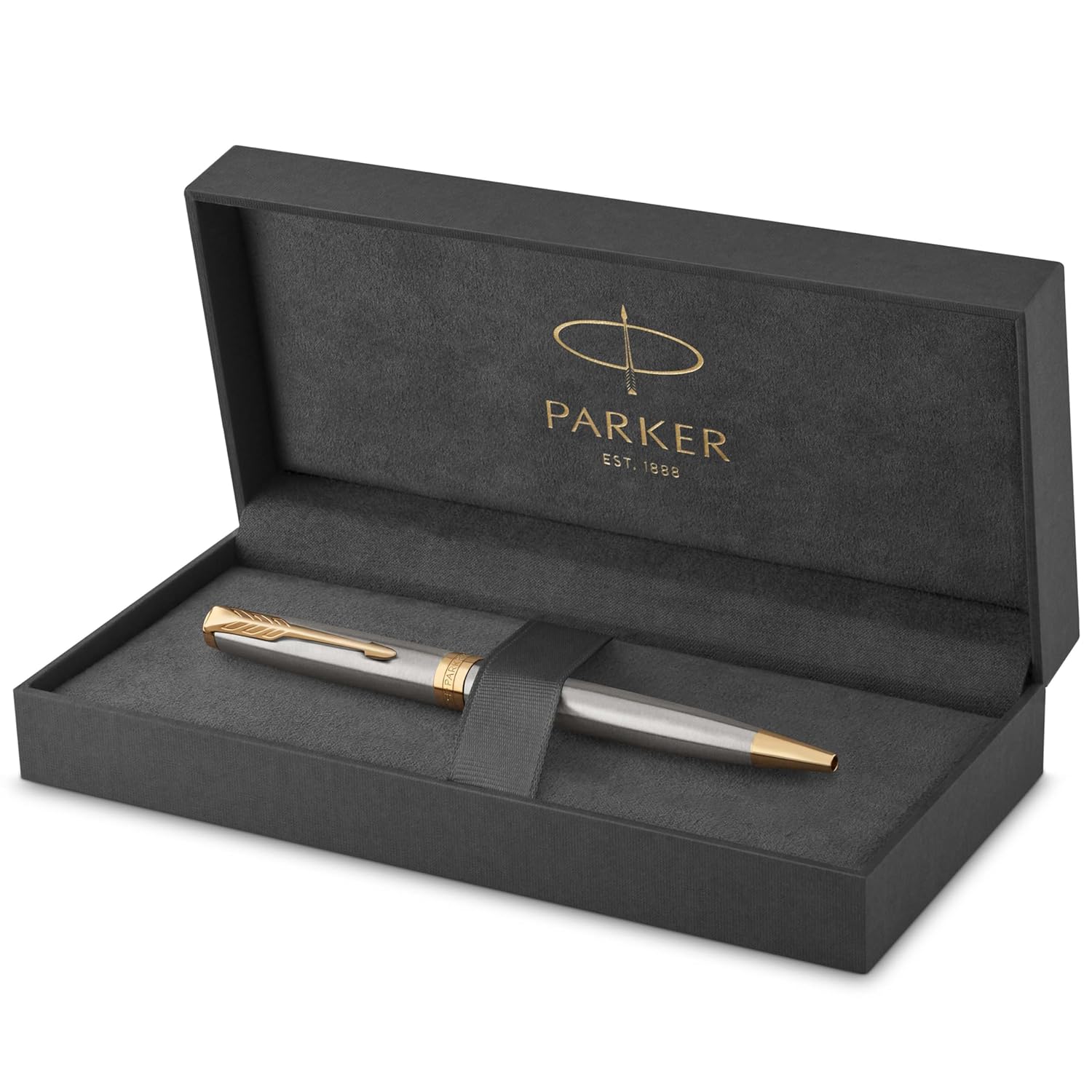 Parker Sonnet Paslanmaz Çelik Altın Tasarımlı Tükenmez Kalem, Orta Kalınlıkta Uç, Mavi Mürekkep