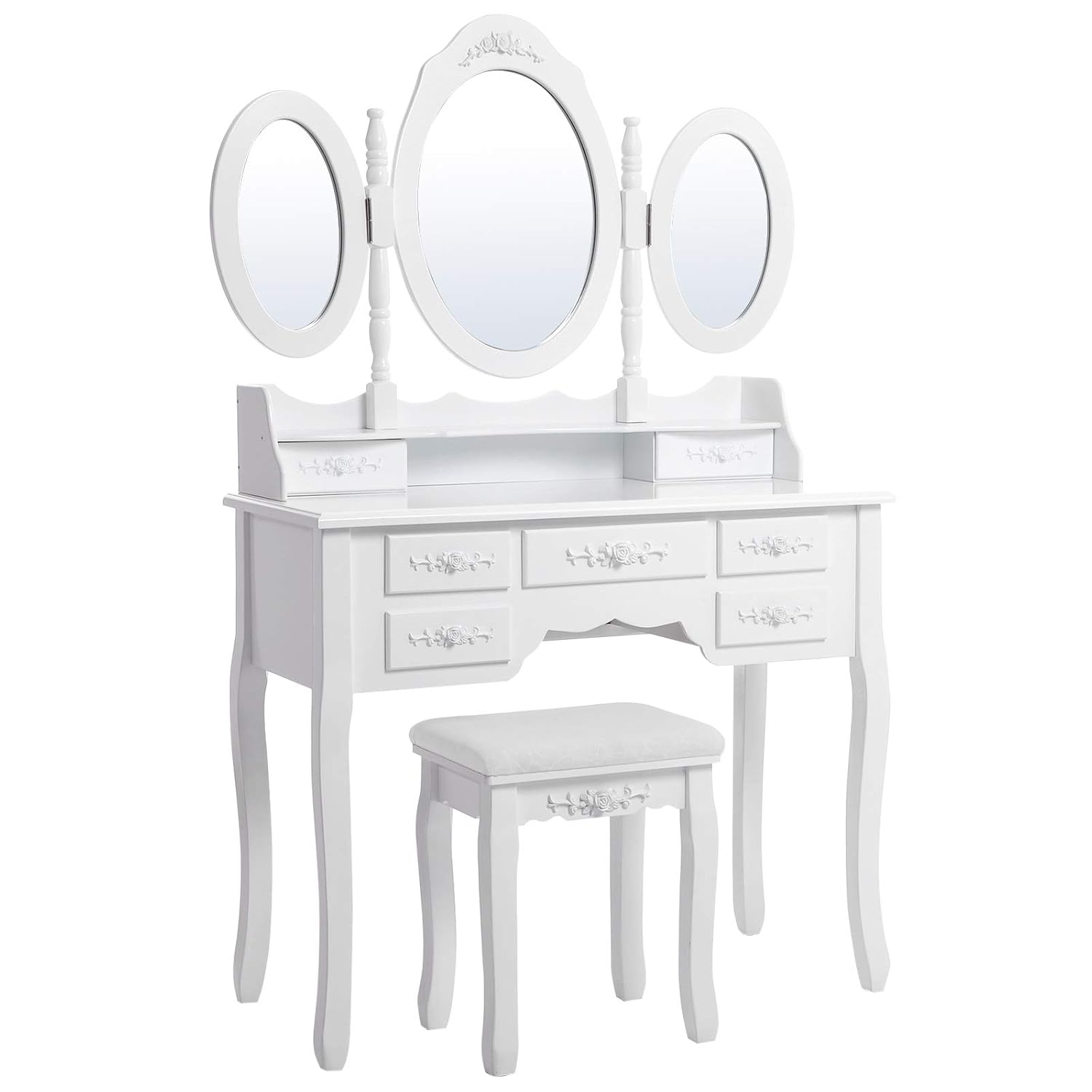 SONGMICS 3 aynalı ve tabureli tuvalet masası, 7 çekmece, eğim koruması, lüks, 145 x 90 x 40 cm, beyaz RDT91W