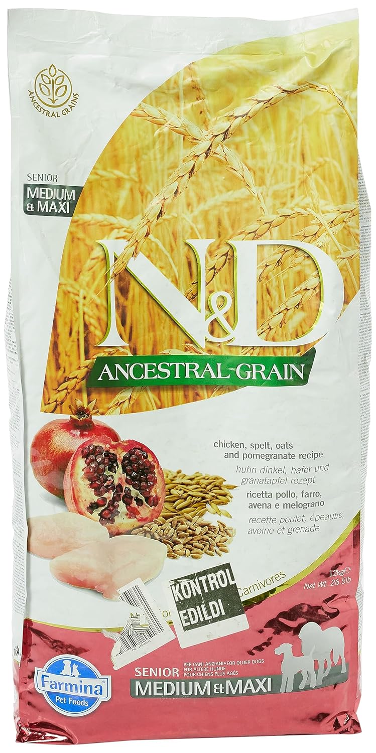 N&D Ancestral Grain Kuru Köpek Maması, Tavuk, Kılçıksız Buğday, Yulaf ve Narlı, Yaşlı Medium ve Maxi, 12 kg