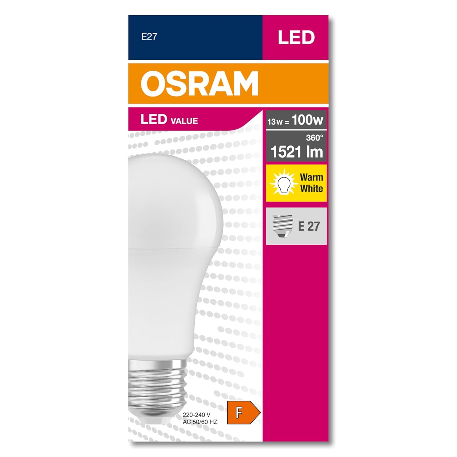 Osram 4052899971097 Led Cla 100, 13 W, 1521 Lümen, 2700 Kelvin, Sarı Işık E27 Duy Ampul, Boy: 12cm En: 6cm [Enerji Sınıfı F]