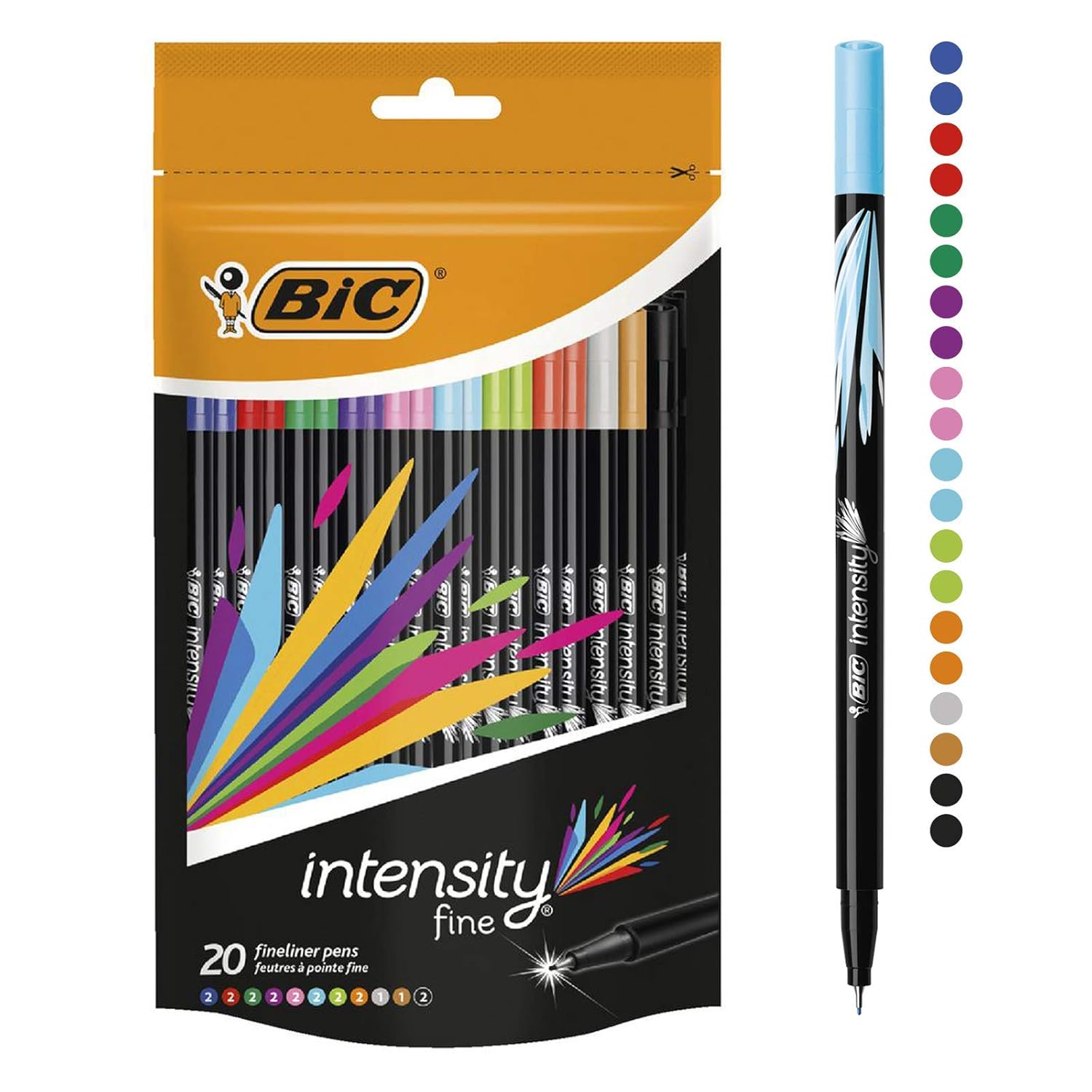 BIC Intensity Fineliner İnce Uçlu Keçeli Kalem 20'li Kutu, 20 Canlı Renk, 0.4 mm. Çizgi Kalınlığı, Metal Korumalı Keçeli Uç