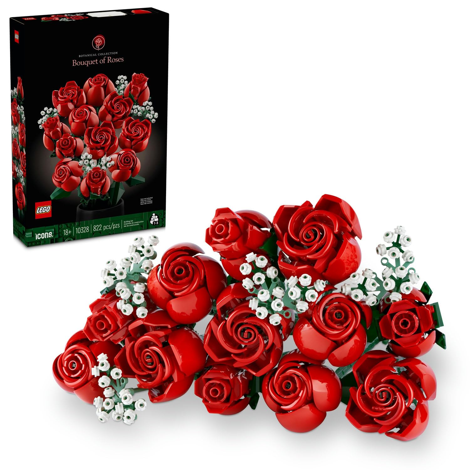 LEGO Icons Gül Buketi 10328 - Yetişkinler için Dekoratif, Koleksiyonluk ve Sergilenebilir Yaratıcı Çiçek Model Yapım Seti, Doğum Günü Hediyesi Fikri (822 Parça)