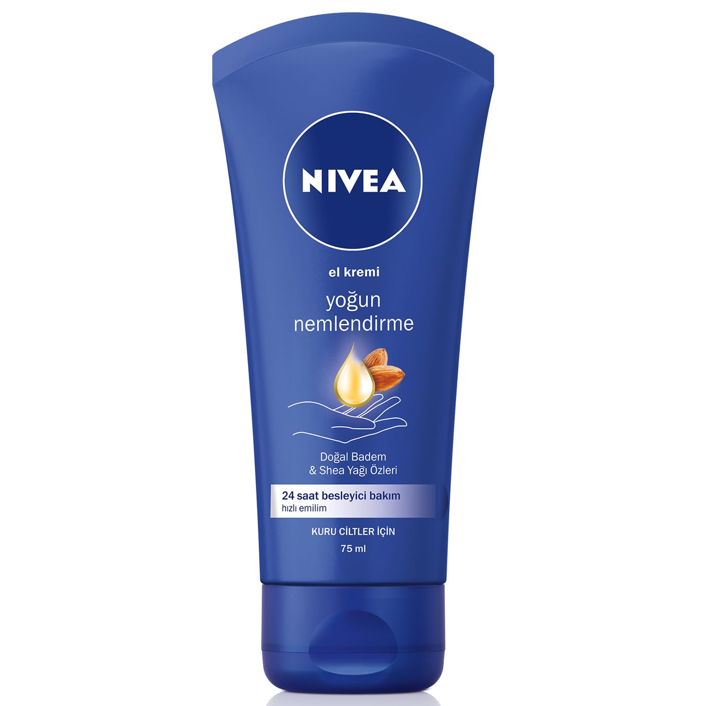 NIVEA Yoğun Nemlendirici El Kremi 75ml, Doğal Badem Yağı ve Shea Yağı Özleri, 24 Saat Besleyici Bakım, Yoğun Nemlendirme, Kuru Ciltler İçin