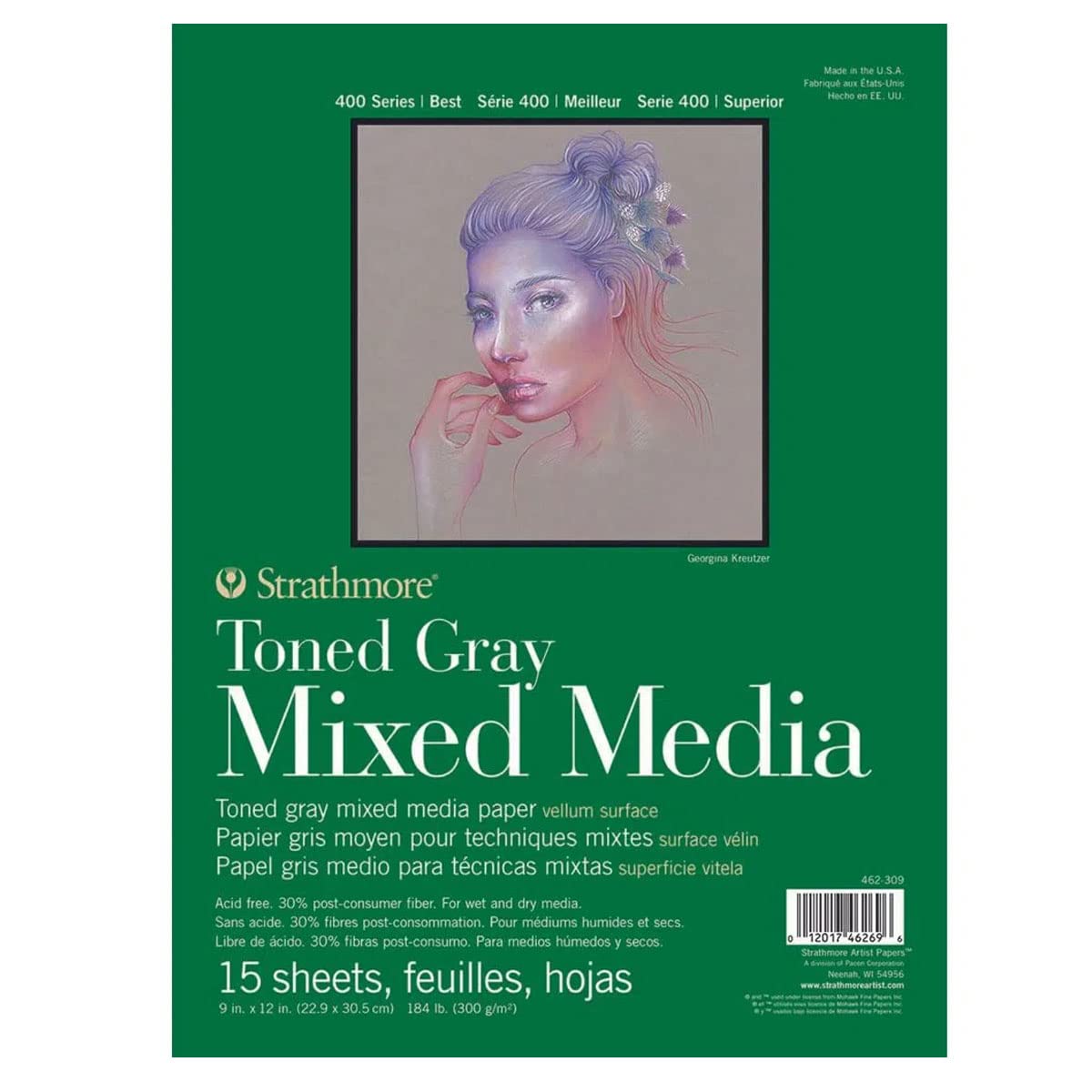 Strathmore Toned Gray Mixed Media, 400'lü Serisi, Gri, Geri Dönüştürülmüş Karışık Medya Kağıdı, 300 g/m², Kısa Tarafı Yapıştırılmış Blok, 23 x 31 cm, Gri, 15 Yaprak