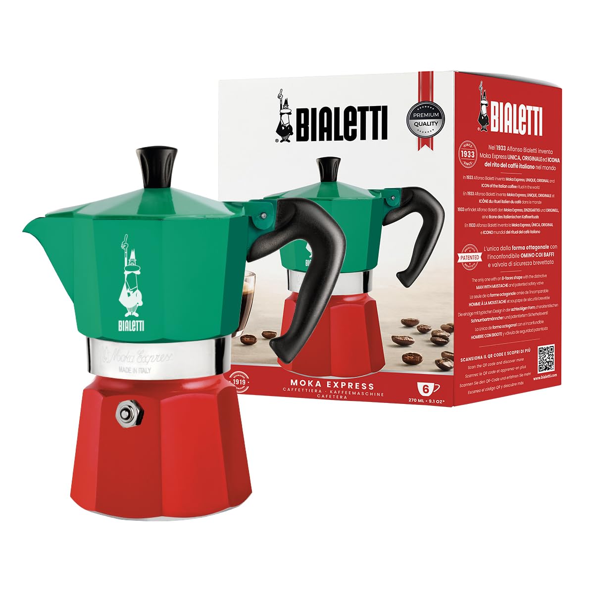 Bialetti - Moka Express Italia: 6 Cups Ocak Üstü Espresso Pişirici - 270ml - Karma Renk - Alüminyum Gövde - Patentli Güvenlik Valfi - Tüm Ocak Türleri İçin Uygundur (İndüksiyon Hariç)