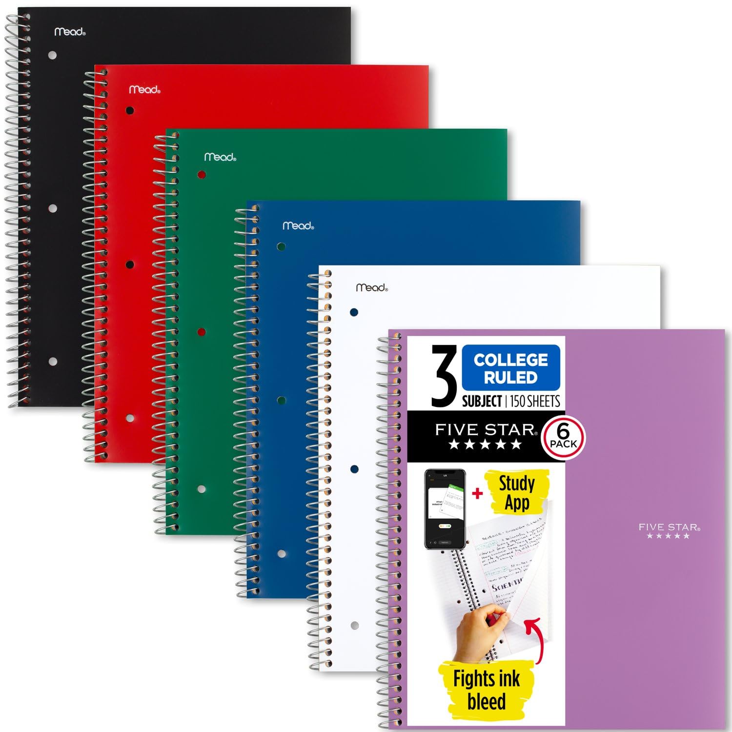 Five Star Spiral Notebooks Plus Çalışma Uygulaması, 6'lı Paket, 3 Konu, Kolej Çizgili Kağıt, 11" x 8-1/2", 150 Sayfa, Siyah, Kırmızı, Yeşil, Mavi, Beyaz, Mor (73930)