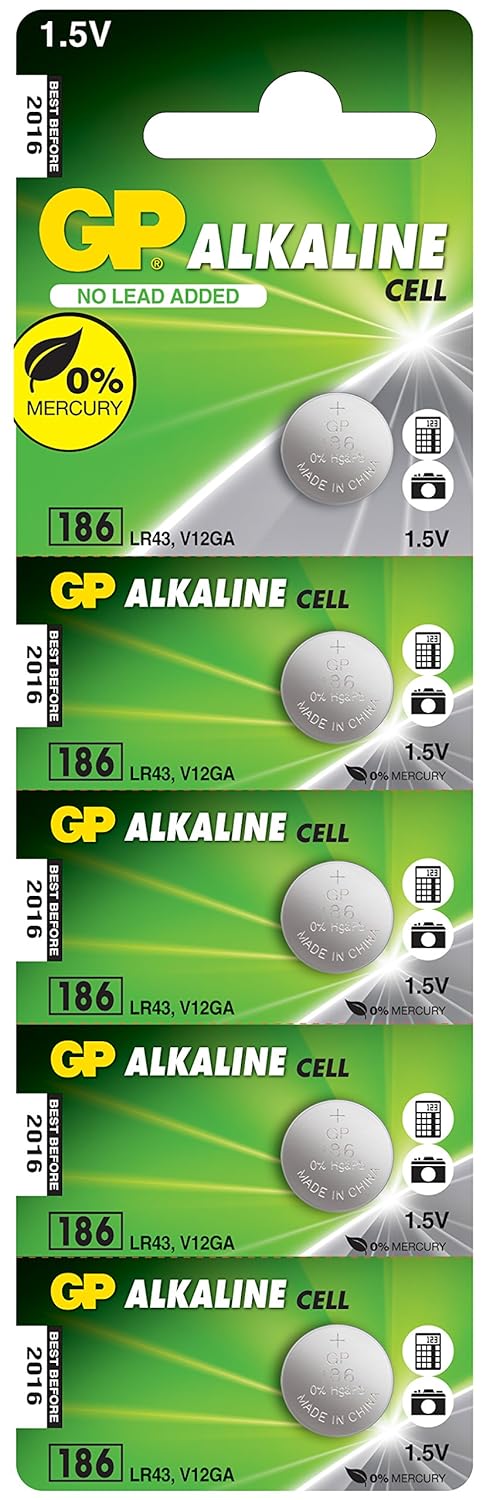 Gp Batteries Gp186 Lr43/186/V12Ga Boy Alkalin Düğme Pil, 1.5 Volt, 5'Li Kart