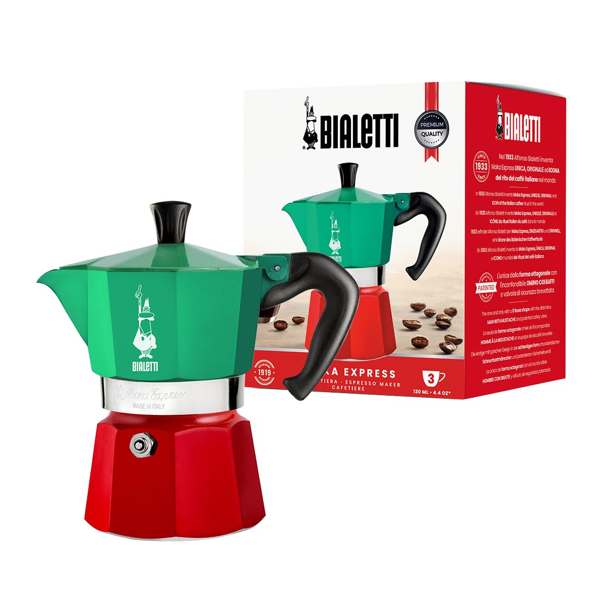 Bialetti - Moka Express Italia: 3 Cups Ocak Üstü Espresso Pişirici - 130ml - Karma Renk - Alüminyum Gövde - Patentli Güvenlik Valfi - Tüm Ocak Türleri İçin Uygundur (İndüksiyon Hariç)