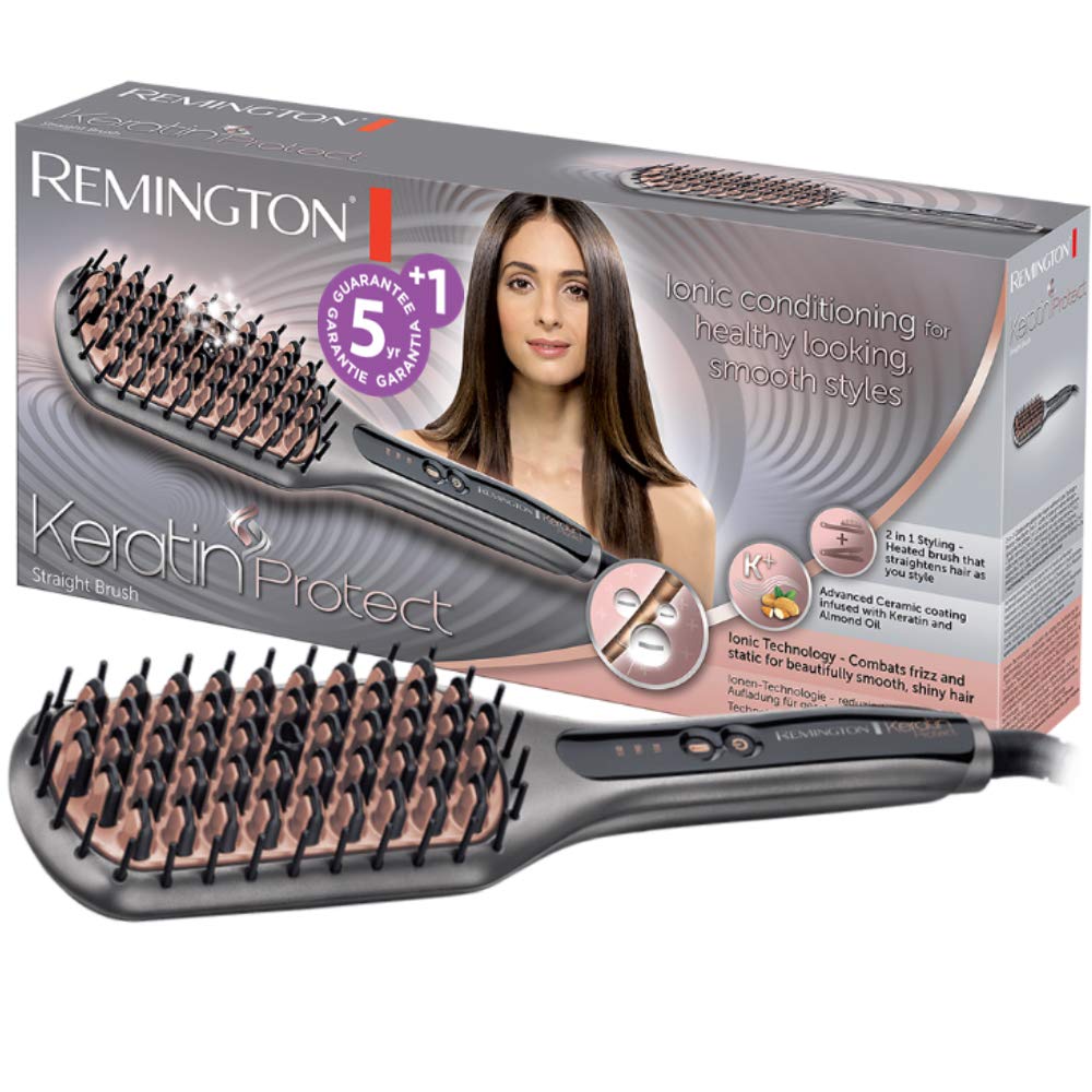 Remington Saç Düzleştirici Keratin Protect 2'si 1 Arada Düzleştirici ve Saç Fırçası, Badem Yağı ile Zenginleştirilmiş Keratin Seramik Kaplama, Dijital Ekran, 150-230°C CB7480