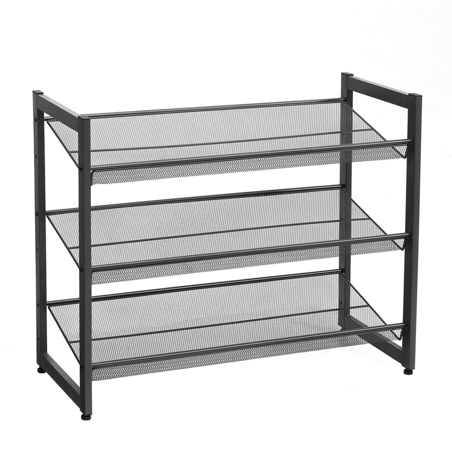 SONGMICS 3 Katlı Metal Ayakkabı Rafı, Fileli Raf, Ayarlanabilir Koyma Alanlı Düz veya Açılı Raf Zeminleri, Koridor, Giriş Alanı İçin Istiflenebilir Depo Rafı, 74x62,8x30,7 cm, Siyah, Lmr03B