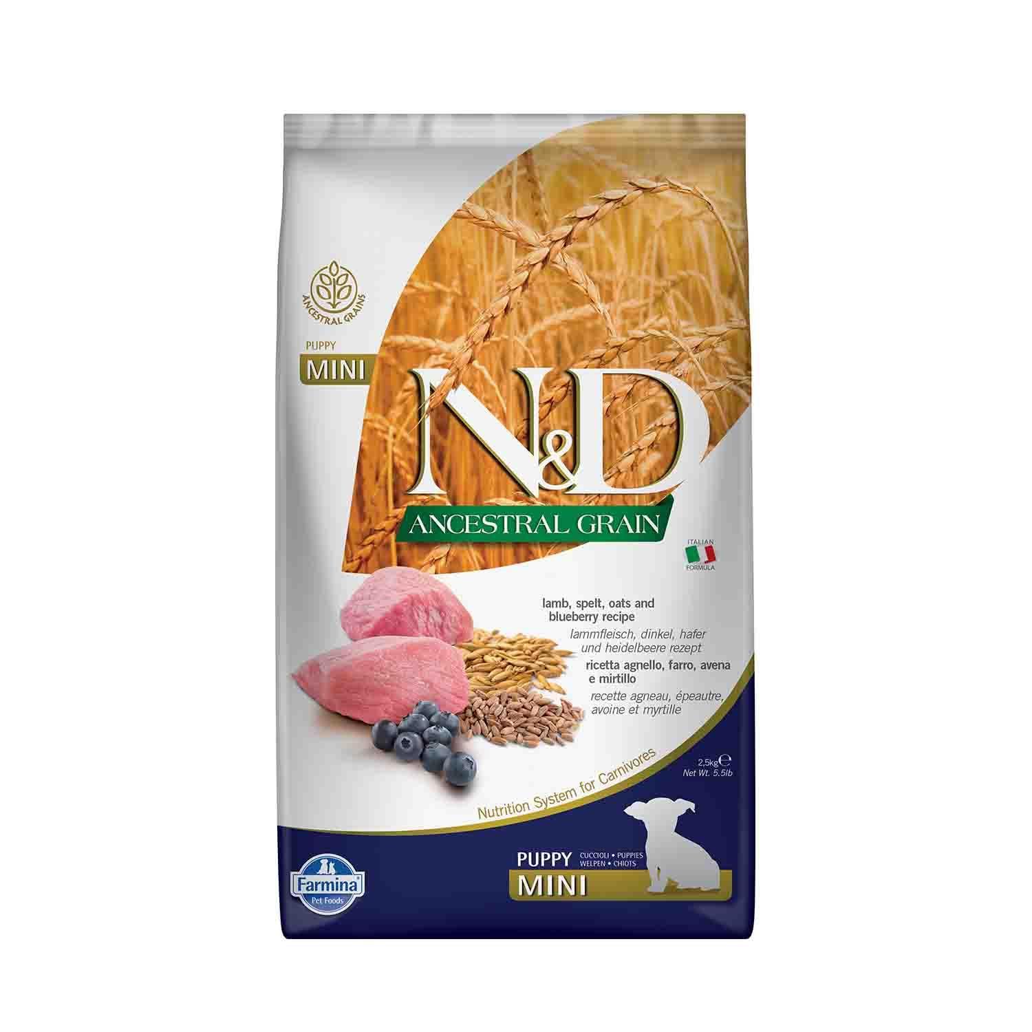 N&D Ancestral Grain Kuru Köpek Maması, Kuzu, Kılçıksız Buğday, Yulaf ve Yabanmersinli, Yavru Köpek Mini, 2.5 kg