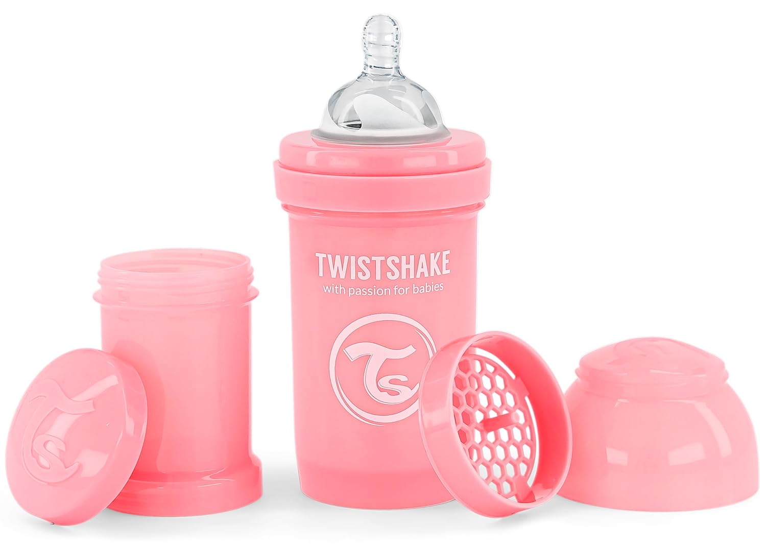 Twistshake kolik önleyici bebek biberonu, yumuşak silikon emzikli, koliklere karşı taban valfli, küçük boy emzikli süt biberonu, 180 ml, BPA içermez, 0 aylıktan itibaren kullanım için, pastel pembe