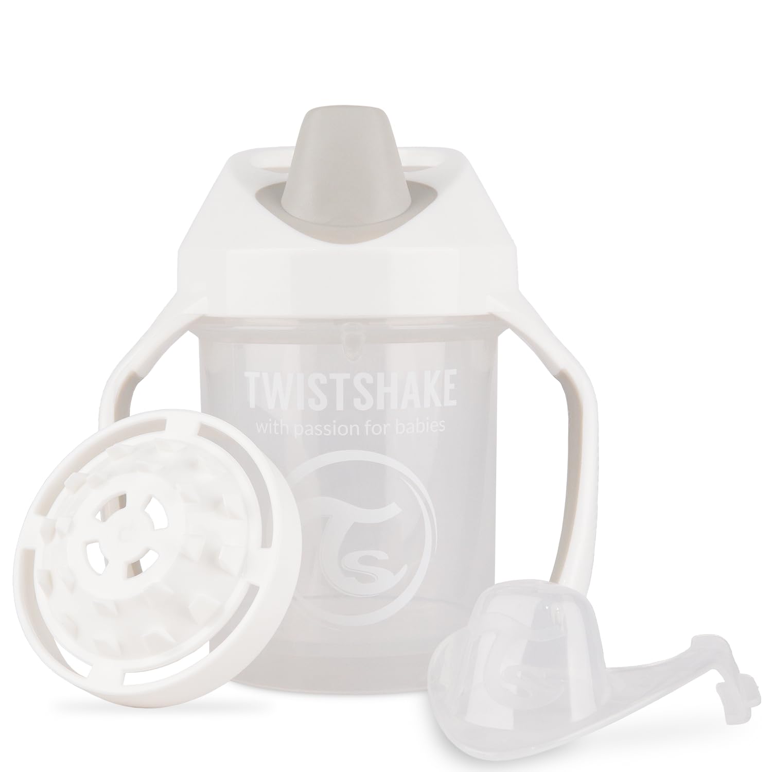 Twistshake mini kupa, silikon sızdırmaz conta, ağızlık ve tutma kulplarıyla 230 ml, silikon ağızlıklı emzik ve meyve karıştırıcılı alıştırma bardağı, 4 aylık ve üzeri, BPA içermez, beyaz