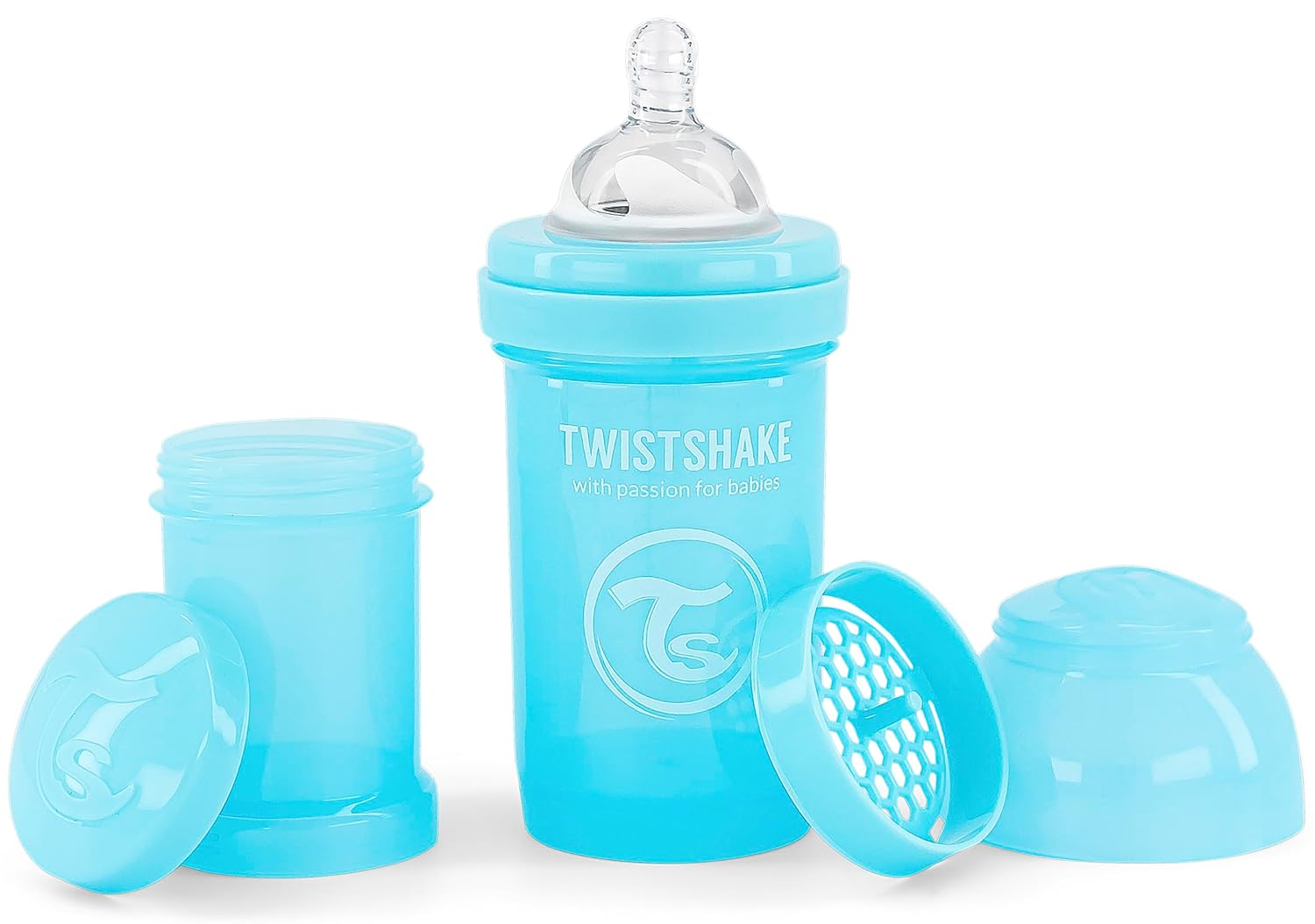 Twistshake kolik önleyici bebek biberonu, yumuşak silikon emzikli, koliklere karşı taban valfi, küçük boy, 180 ml, 0 aylıktan itibaren, pastel mavi, 1 adet (tekli paket), 78250