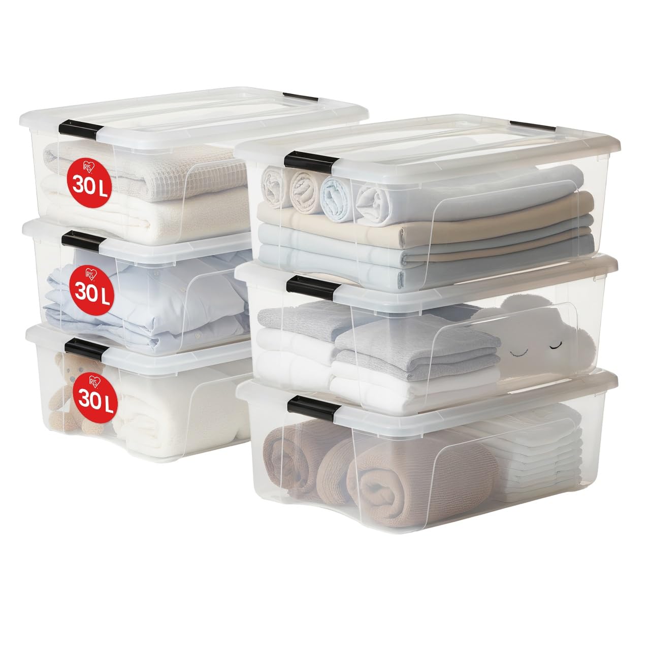 Iris Ohyama, 6'lı set istiflenebilir saklama kutuları klik kilitli – New Top Box NTB-30 – plastik, şeffaf, 6 x 30 l, U 58 x G 39,5 x Y 20,5 cm