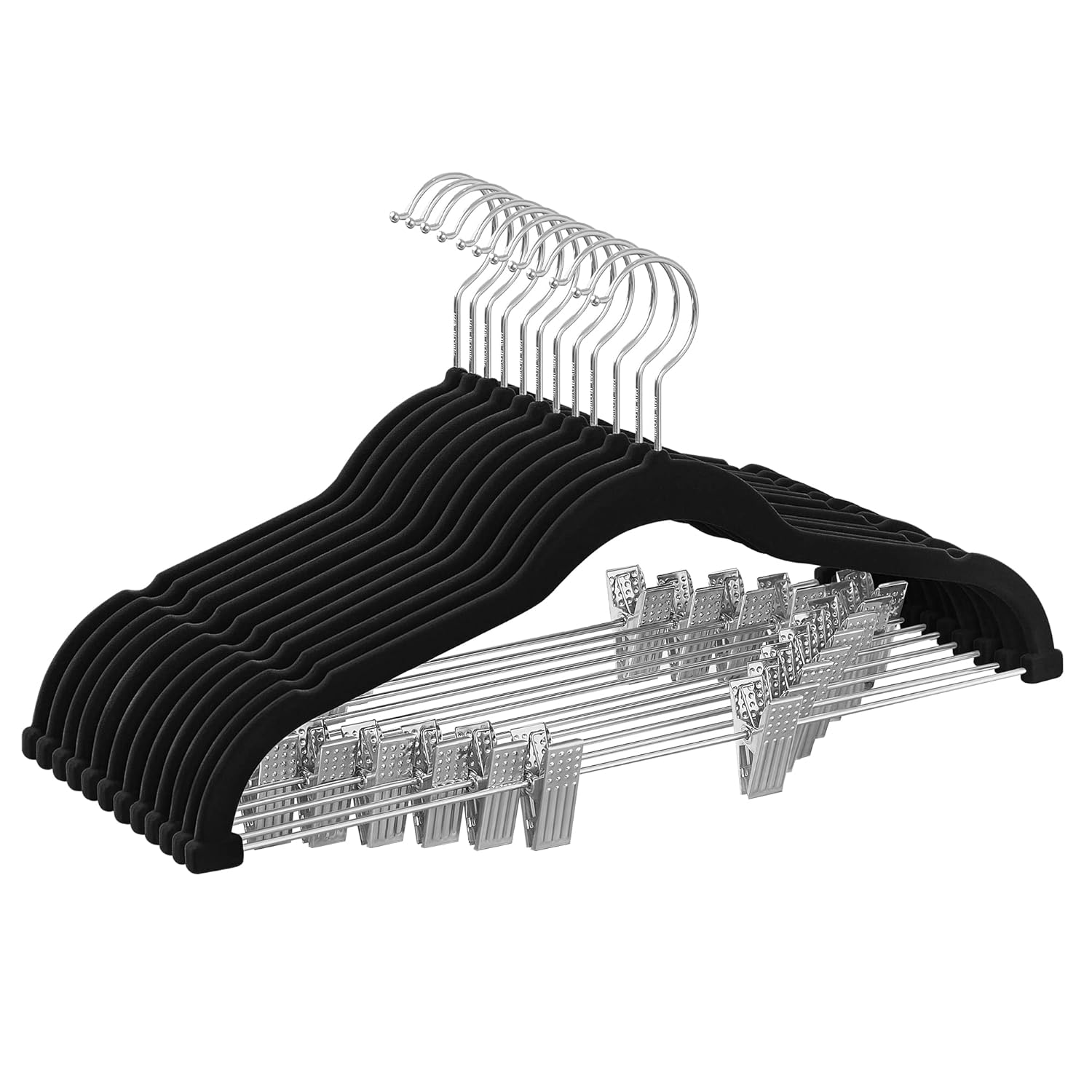 SONGMICS Elbise askısı kadife, 12'li set, etek askısı, 42,5 cm genişliğinde, ayarlanabilir klipsli, kaymaz, yer tasarruflu, pantolon, manto, elbise için, siyah CRF12B