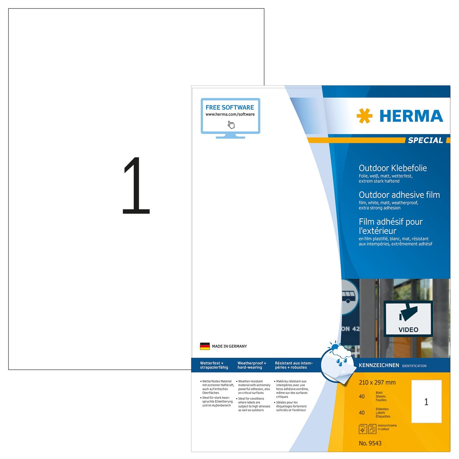 HERMA 9543 hava koşullarına dayanıklı dış mekan yapışkan folyo DIN A4 (210 x 297 mm, folyo beyaz mat) 40 etiketleri 40 yaprak, STARK kendinden yapışkanlı, baskı
