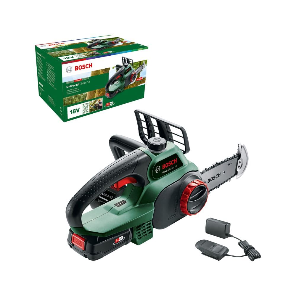 Bosch Home and Garden EasyChain 18 Akülü Zincirli Ağaç Kesme Makinesi, Yeşil, 18 V, 1 Akü, 20 cm Pala Uzunluğu, 13.5 cm Kesme Uzunluğu