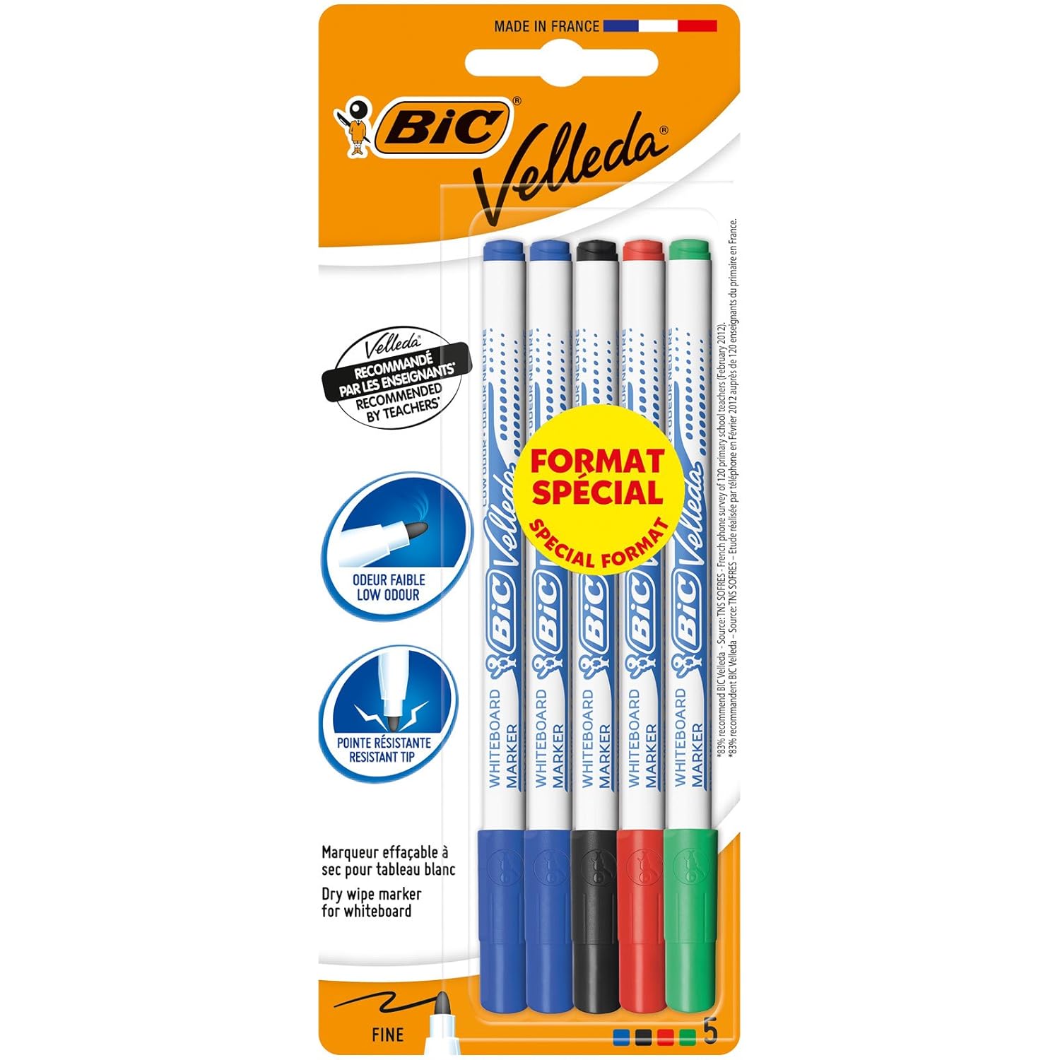 BIC Velleda 1721 Çocuk Beyaz Tahta Kalemi 5'li Blister, Mavi, Siyah,Kırmızı ve Yeşil Renk, Kolay Silinebilir