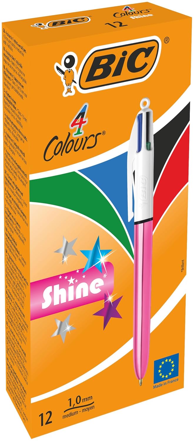 BIC 4 Colours Shine Pembe Gövde Tükenmez Kalem 12'li Kutu, 4 Renk (Mavi, Siyah,Yeşil ve Kırmızı), 1.0 mm. Uç