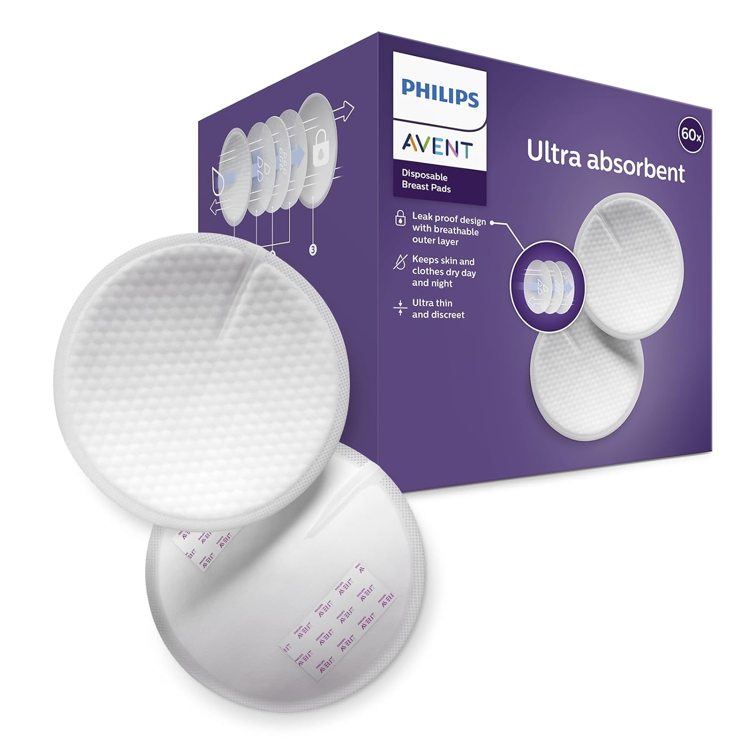 Philips Avent Tek Kullanımlık Göğüs Pedleri, 60'lı, Ultra İnce ve Emici, Petek Doku, Gece Gündüz Konfor, Hijyenik Ambalajlı, Sızdırmaz ve Hava Alan Yapı, SCF254/61