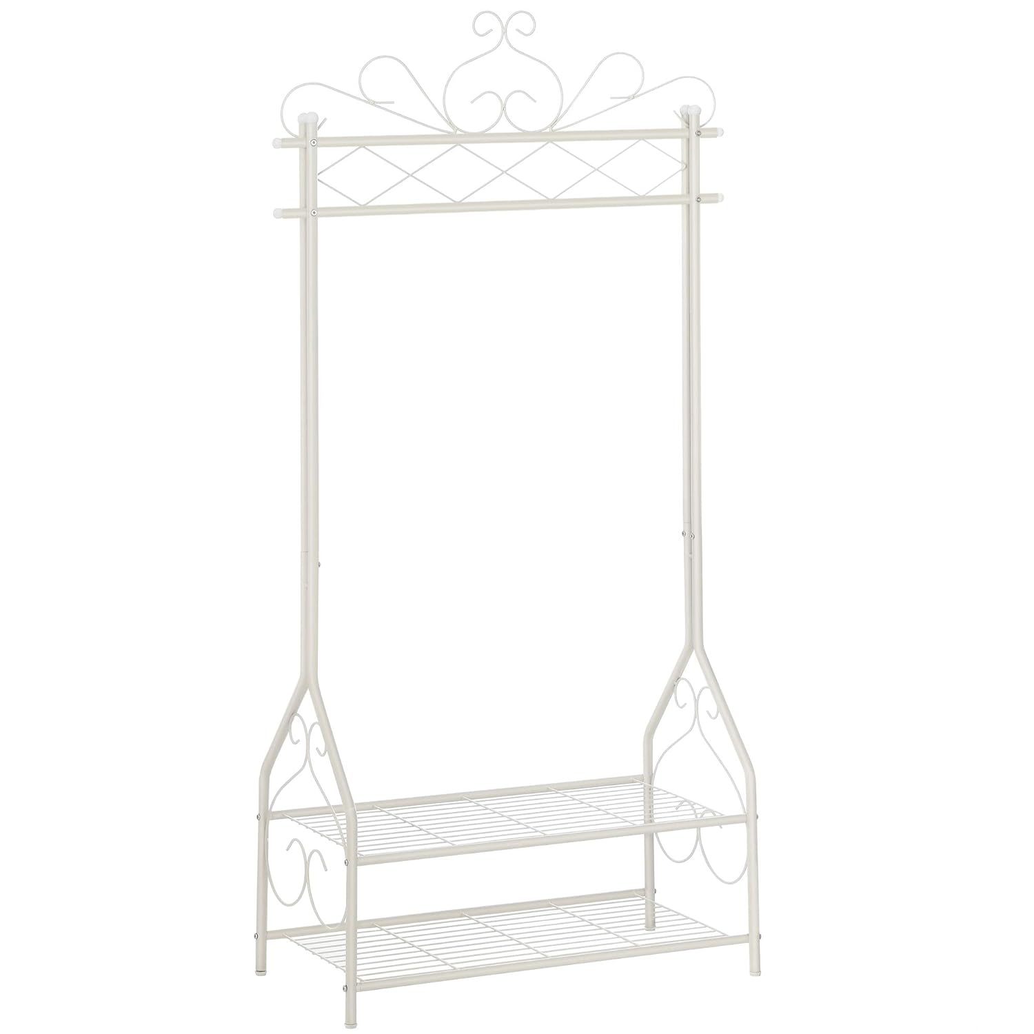 SONGMICS Klasik Tarzda Elbise Askısı, Elbise Çubuklu ve 2 Metal Raflı, 92 x 173 x 41 cm (G x Y x D), Krem Beyaz, Hsr07W