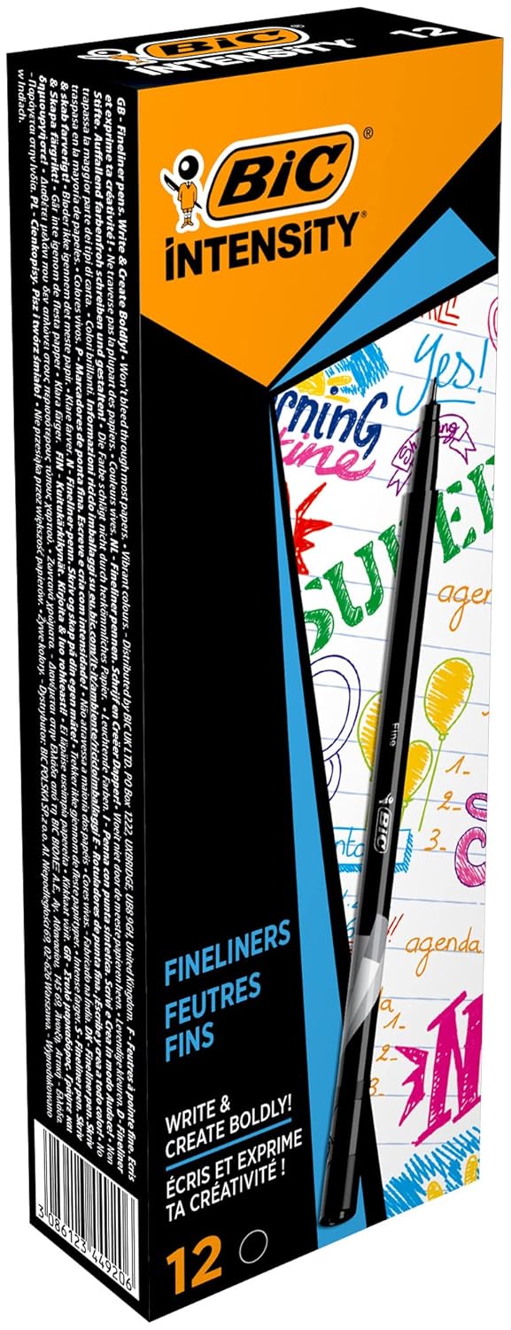 BIC Intensity Fine Liner İnce Uçlu Siyah Keçeli Kalem 12'li Kutu, 0.4 mm İnce Kalınlıkta Uç, Su Bazlı Mürekkep