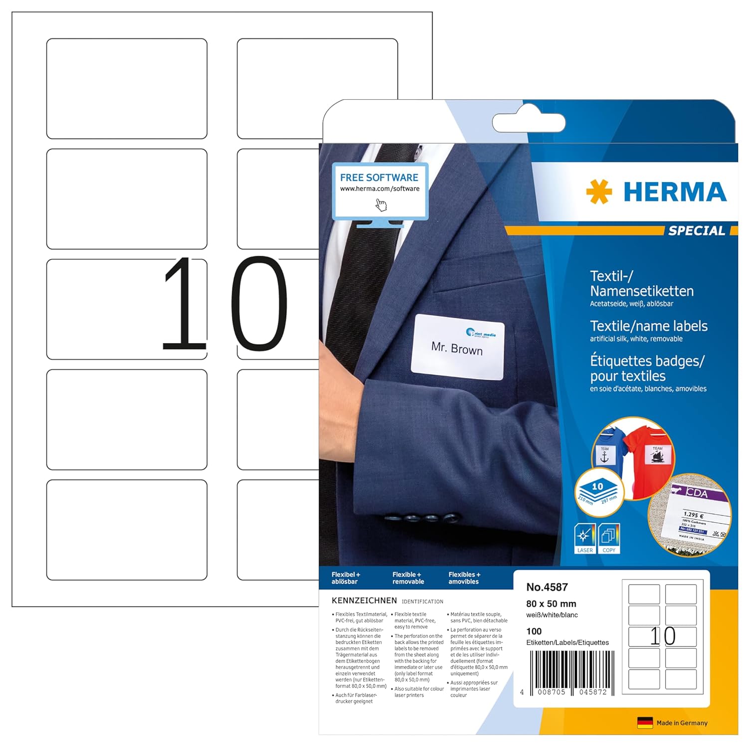 HERMA 4587 İsim Etiketi Çıkarılabilir, 10 Yaprak, 80 x 50 mm, A4 Başına 10, 100 Adet, Kendinden Yapışkanlı, Yazdırılabilir, Asetat İpek, Beyaz