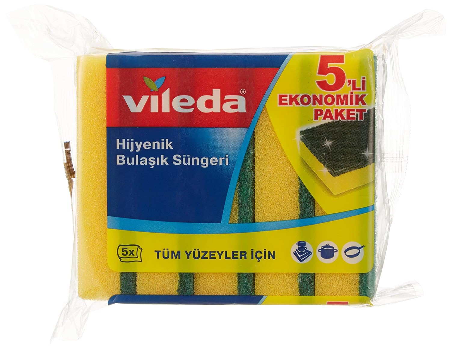 Vileda Düz Hijyenik Bulaşık Süngeri, 5'li Ekonomik Paket, Yeşil