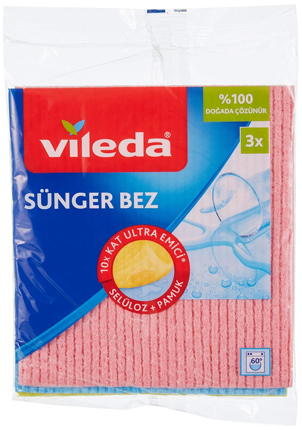 Vileda 141161 Sünger Bez, Ekstra dayanıklı, Çok amaçlı, 3'lü Paket