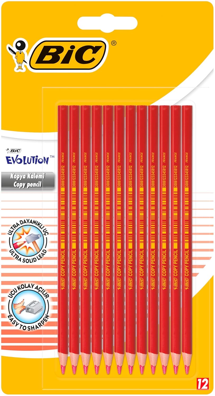 BIC Evolution Kırmızı Kopya Kalemi 12'li Blister,Kıymık Oluşturmaz, Çiğnemeye Karşı Dayanıklı, Kolay Açılır