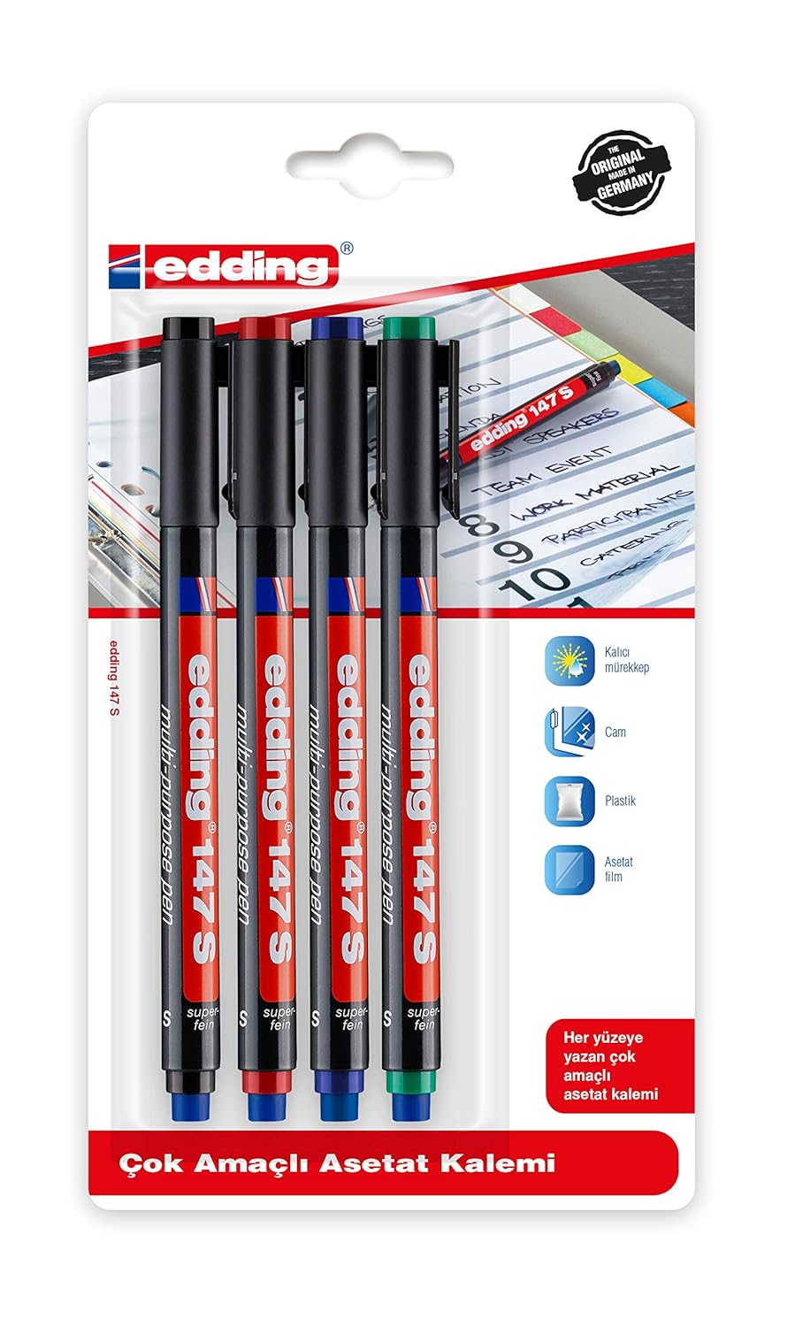 Edding ED147B499 Silgili Asetat Kalem 0.3mm 4'lü Karışık Siyah/Kırmızı/Mavi/Yeşil