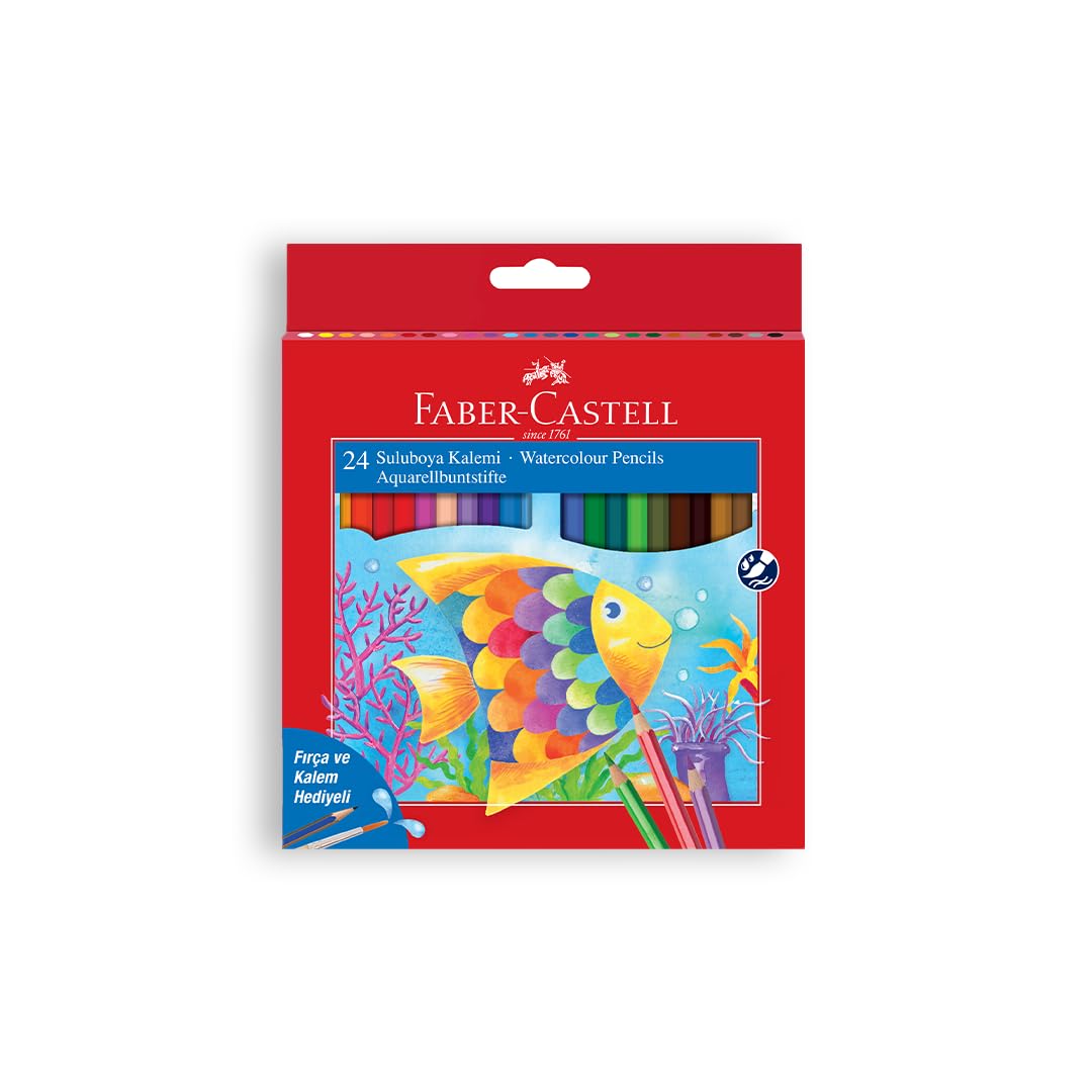 Faber-Castell Karton Kutu Sulu Boya Kalemi, 24 Renk, Suda Çözünebilir, Fırça ve Kalem Hediyeli, Yaratıcılığı Destekleyen Boya Kalemi