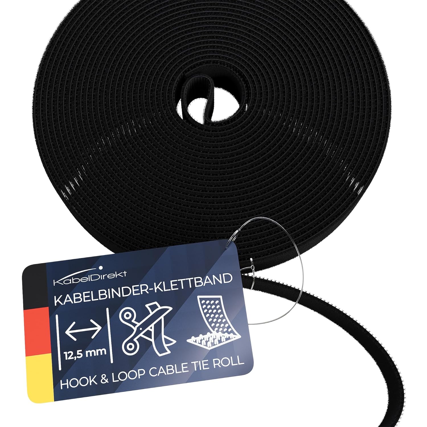 KabelDirekt – cırt kablo bağı – 15 m×12,5mm – istenen boyutta kesilebilir, yeniden kullanılabilir (kesilebilir cırt rulosu, tekrar kapatılabilir bant kabloları vs. bağlar, siyah)