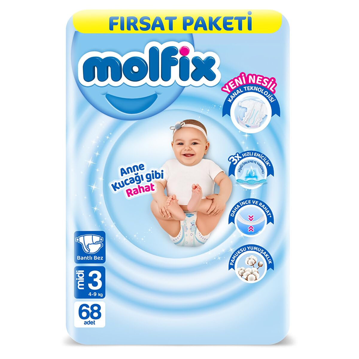 Molfix Bebek Bezi 3 Beden Midi Fırsat Paketi 4-9 kg 68 Adet