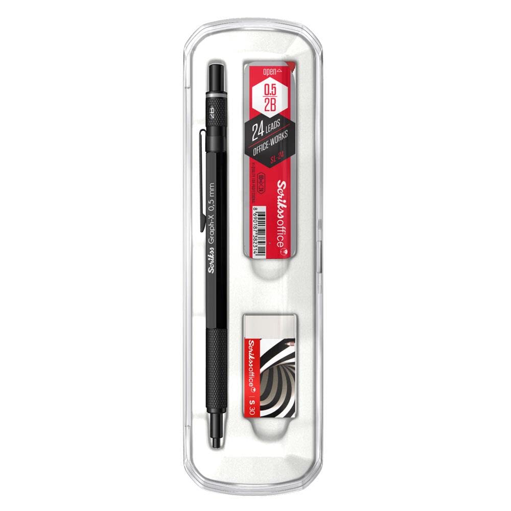 Scrikss Office Graphx 3'lü Set Mekanik Kurşun Kalem Silgi Min Mat Siyah 0.5 Mm