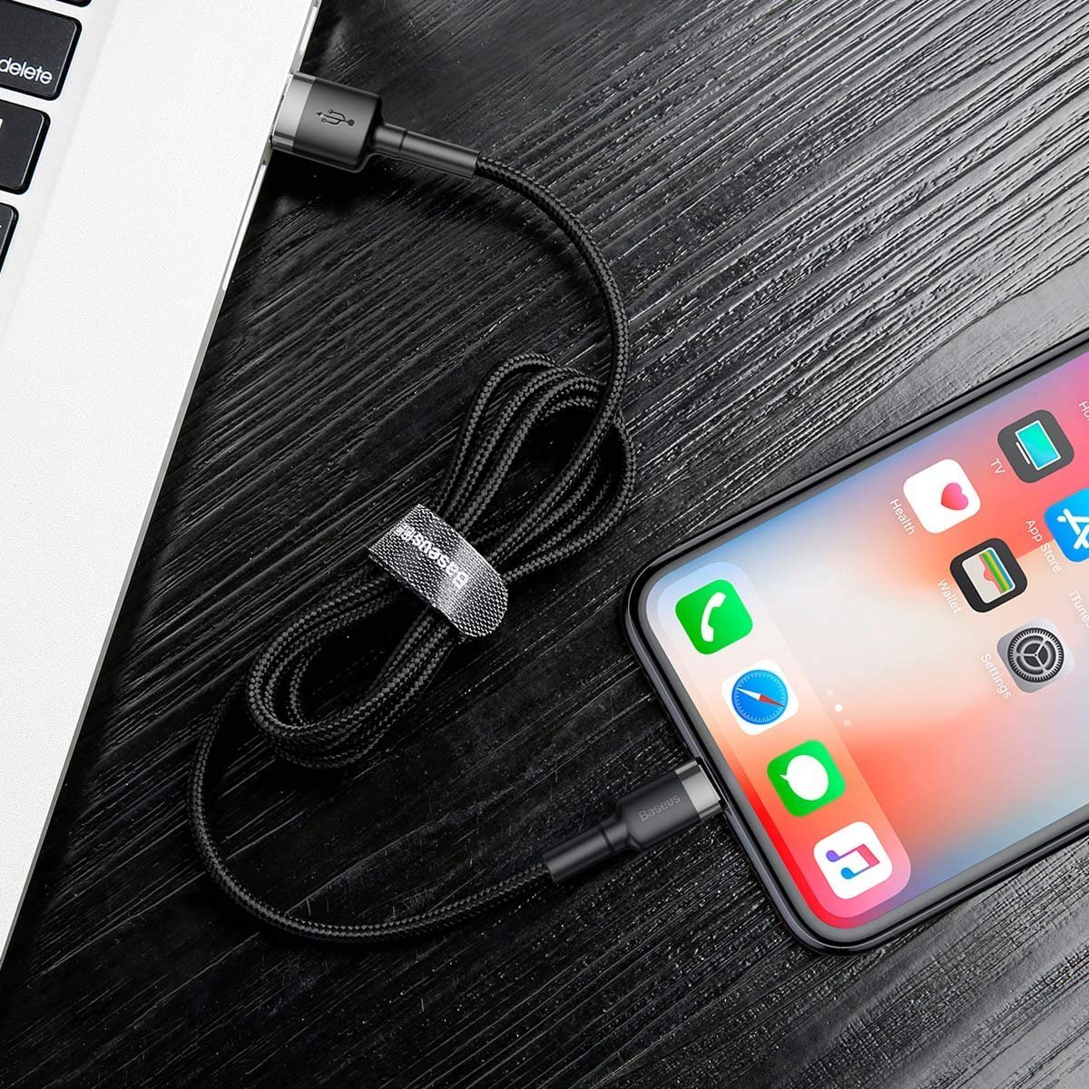 Baseus Cafule Serisi, 2.4 A USB-A & Lightning Şarj Kablosu & Data Aktarım Kablosu, 1 Metre, Gri - Siyah