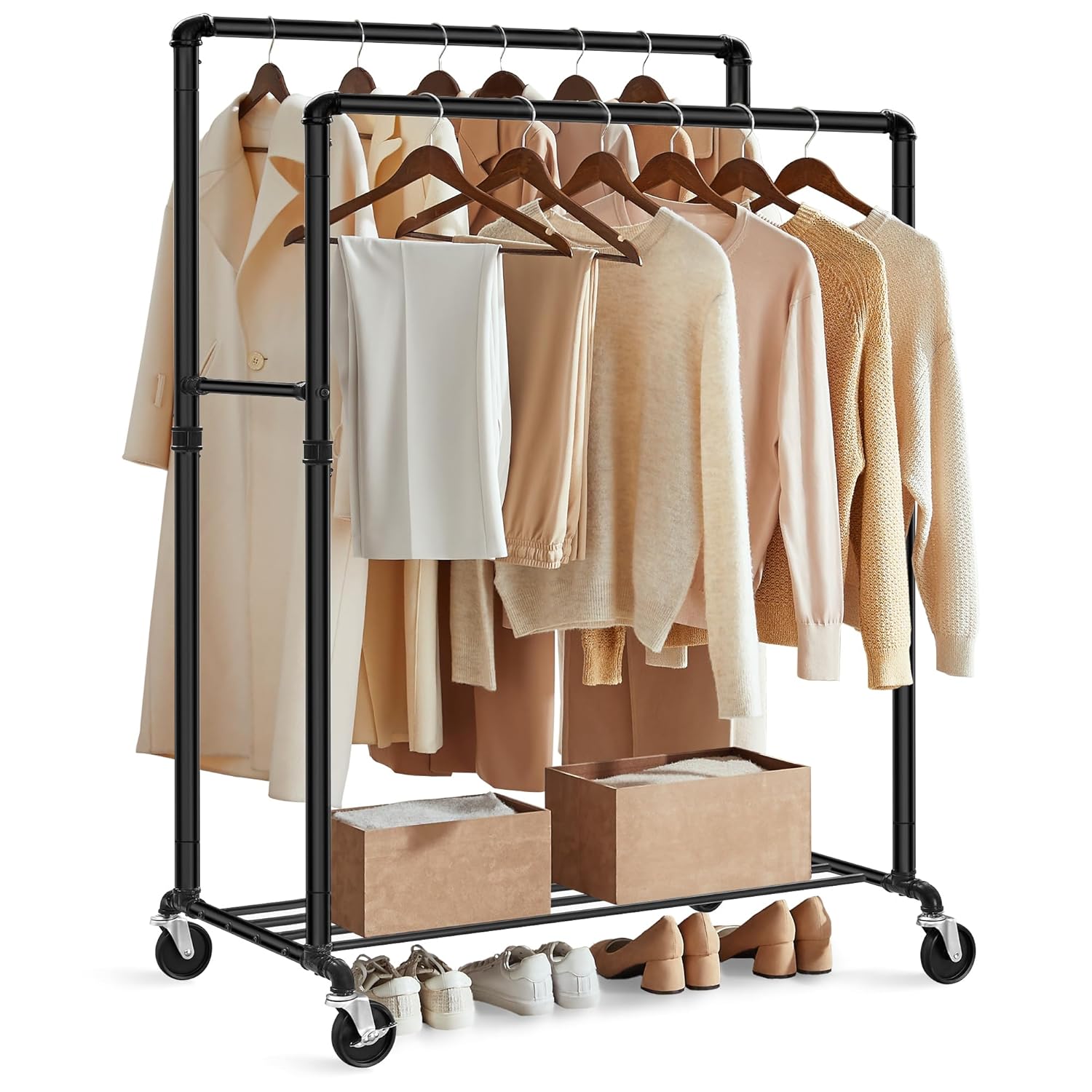 SONGMICS elbise askısı, elbise askısı, 2 elbise askısı ve raflı elbise askısı, tekerlekler, 110 kg'a kadar yük kapasitesi, endüstriyel tasarım, yatak odası, giyinme odası için, siyah HSR60B
