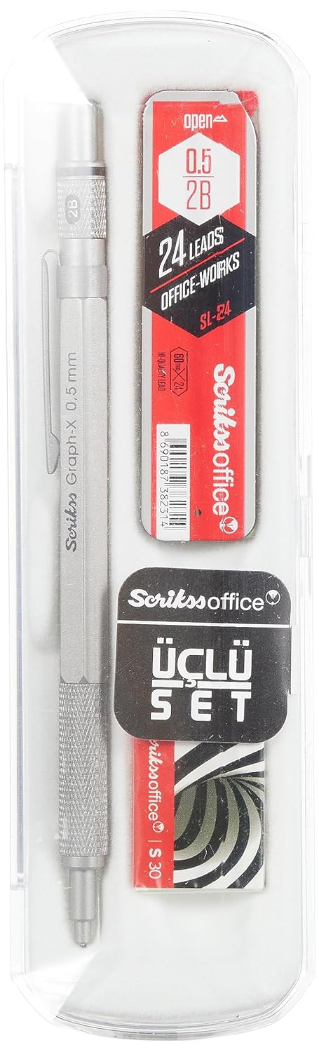 Scrikss Office graphx 3'lü Set Mekanik Kurşun Kalem Silgi Min Kurşun gri 0.5 mm