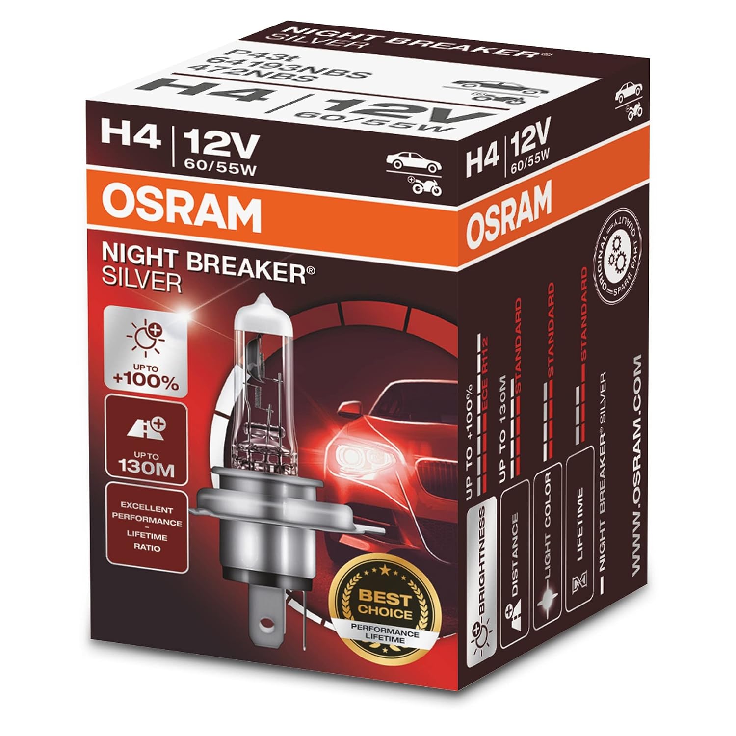 Osram Ampul Night Breaker Laser H4 12V 60/55W%100'ye kadar Fazla Işık 130M'ye kadar Fazla Görüş Açısı 64193NBS
