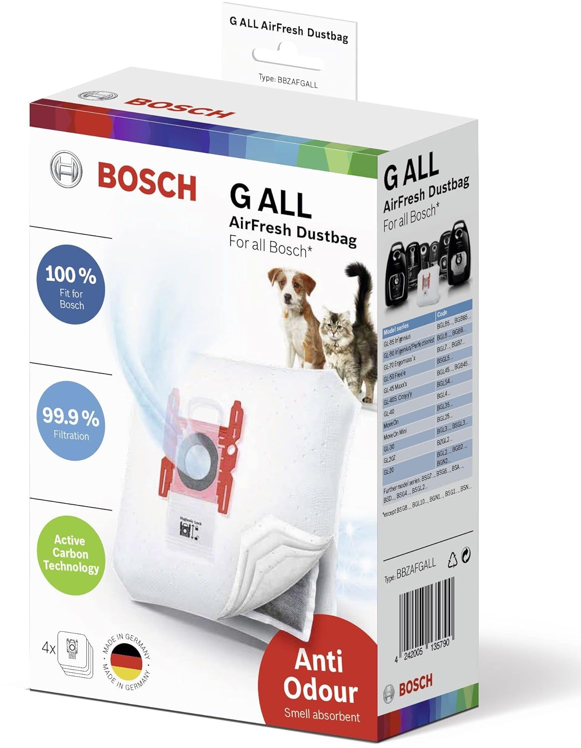 Bosch 4 x elektrikli süpürge torbası AirFresh Tip G ALL BBZAFGALL,%99,9 ince toz filtreleme, hayvan sahipleri için ideal,%50 daha uzun kullanım ömrü, BSG8 ve BSN hariç tüm seriler için